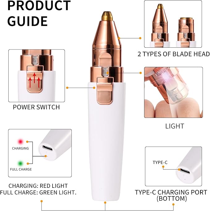 Facial Hair Removal for Women,2 in 1 Electric Hair Removal Device for Chin Upper Lip Peach Fuzz & Rechargeable Eyebrow Trimmer with LED Light for Precise Shaping