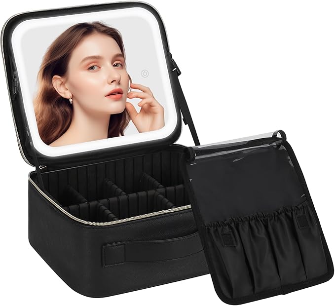 Chomeiu Makeup Bag with LED Mirror, Travel Makeup Case for Women and Makeup Artists Cosmetic Organizer Large Make Up Bags with Light Up Mirror, 3 Color Lights, Adjustable Dividers and Brush Holder