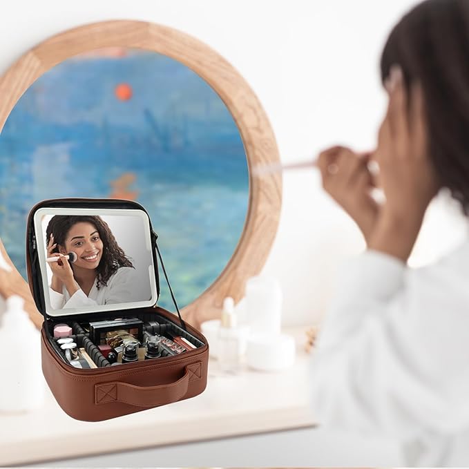 Travel Makeup Bag with LED Mirror Travel Makeup Organizer with 3 Lighted Settings, Adjustable Dividers and Makeup Brush Storage Bag Dark Brown