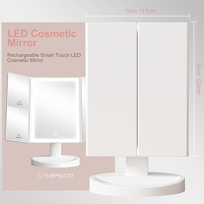 S'bagno LED Makeup Mirror with 1X/2X/5X Magnification, Dimmable Light, Rotation for Beauty, Makeup, Skincare & Grooming