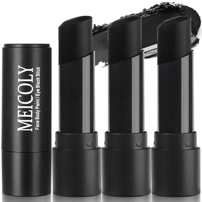 MEICOLY 3Pcs Black Face Body Paint Stick,Waterproof Eye Black Baseball/Softball/Football,Face Paint for Cat Halloween Zombie Skull Skeleton Clown Cosplay Makeup,Body Paint for Adults and Kids