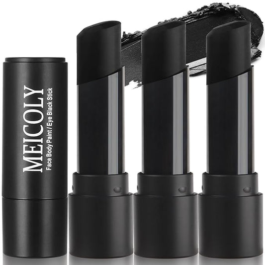 MEICOLY 3Pcs Black Face Body Paint Stick,Waterproof Eye Black Baseball/Softball/Football,Face Paint for Cat Halloween Zombie Skull Skeleton Clown Cosplay Makeup,Body Paint for Adults and Kids
