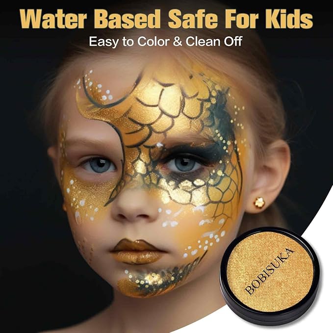 BOBISUKA Metallic Gold Face Body Paint, Water-Based Face Painting Kit & Body Paints, Facepaint for Adults Halloween Golden Masquerade Mask & Skull Special Effects Art Make-Up Costume Cosplay & Theater