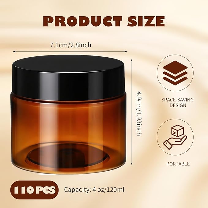 110 Pcs 4 oz Amber Plastic Cosmetic Jars with Lids, Round Airtight Refillable Containers Leak Proof Empty Cosmetic Jars for Lotion, Cream, Powder, Ointment, Beauty Products Travel Storage