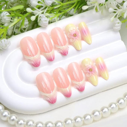 Press on Nails Almond Medium Yellow Pink Fake Nails with 3D Flower Gradient Designs French Tip Nails Press ons Acrylic Nail Glossy Glue on Nail Almond Stick on Nail for Women 24 Pcs