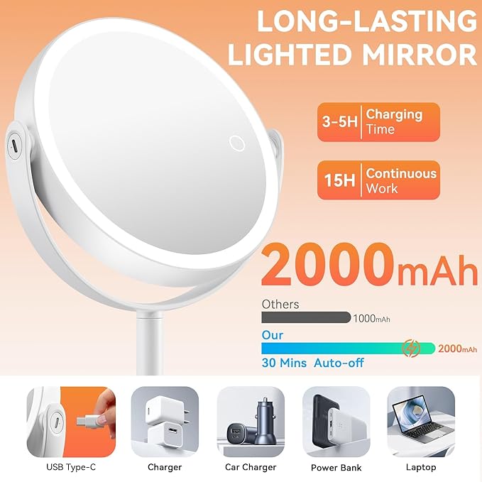 Makeup Mirror with Lights, Double Sided 30X/1X Magnifying Mirror with Light, 3 Color Stepless Dimmable with Touch Screen, Rechargeable 360° Free Standing Vanity Mirrors for Bathroom, Bedroom