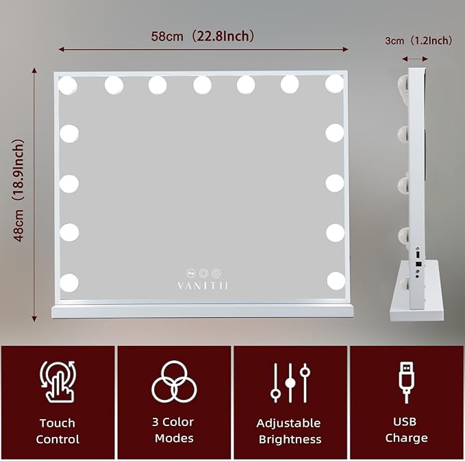 VANITII Hollywood Vanity Mirror with Lights USB Charging 22.8”*18.1” Lighted Makeup Mirror with 15 LED Bulbs Dimmable 3 Modes Tabletop for Cosmetic