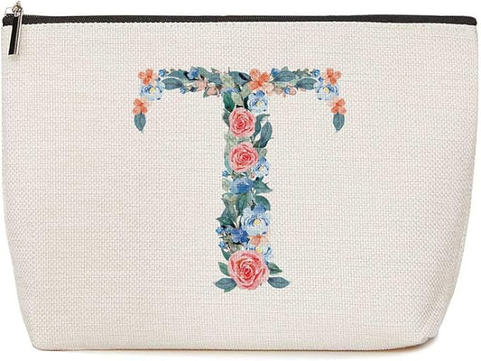 Initial Makeup Bag Monogrammed Travel Toiletry Bag Monogram Cosmetic Bag Birthday Christmas Bridal Shower Bridesmaid Gifts Personalized Gifts for Women Bride Teacher Sister, Floral Letter T