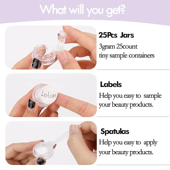3 Gram Sample Containers With Lids, 25 Count Clear Jars, Empty Lip Balm, Mini Cosmetic Makeup Travel With Labels, Mini Disposable Spatulas