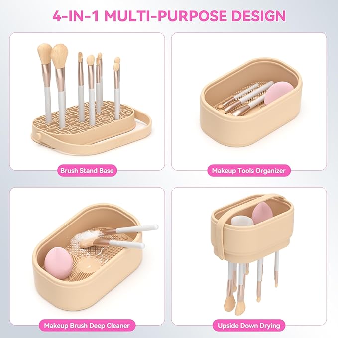Makeup Brush Cleaner Mat 3 in 1 Makeup Brush Holder Silicone Makeup Brush Drying Rack Make Up Brush Cleaning Bowl Make Up Brush Cleaner Pad Cosmetic Storage Box Cleaning Tool for Sponge Powder Puff