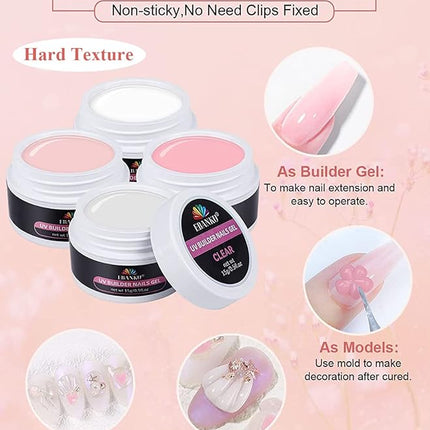 EBANKU Solid Builder Gel Kit, Builder Gel for Nails 4 Colors Clear White Nude Pink for Nail Art Strengthen Nail Extension Kit for Beginners Home DIY, 4 * 15g