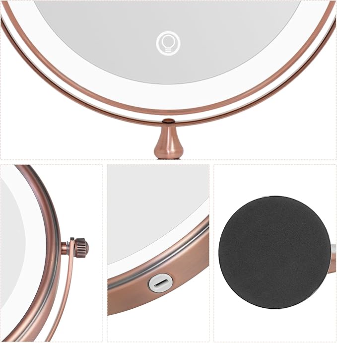 Nicesail Desk Mirror with Light 1X/10X Magnifying with 3 Color Dimmable Lights Desk Mirror, Cordless 360 Rotation 4000mAh Rechargeable, Double Sided Mirror for Desk, 8 Inch Standing Brushed Rose Gold