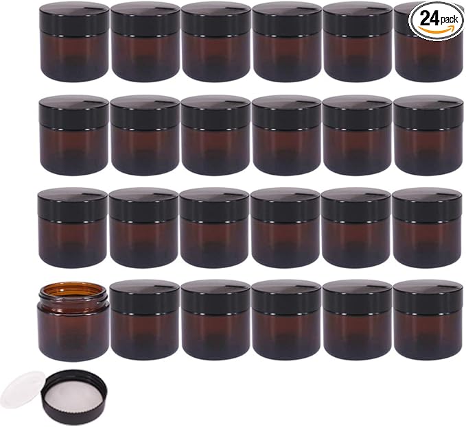 24 Pack 2 oz Round Amber Glass Cosmetic Jars with Inner Liners and Black Lids, Travel Jars, Refillable Containers for Makeup, Cream, Lotion, Sugar Scrubs, Eye Shadow, Slime, Paint, Jewelry