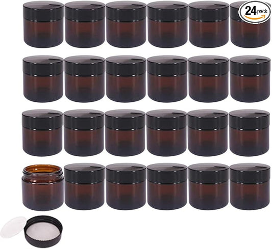 24 Pack 2 oz Round Amber Glass Cosmetic Jars with Inner Liners and Black Lids, Travel Jars, Refillable Containers for Makeup, Cream, Lotion, Sugar Scrubs, Eye Shadow, Slime, Paint, Jewelry