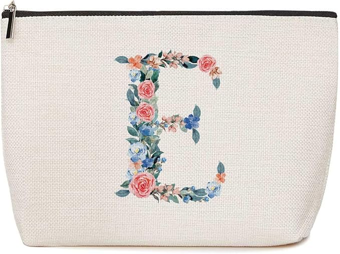 Initial Makeup Bag Monogrammed Travel Toiletry Bag Monogram Cosmetic Bag Birthday Christmas Bridal Shower Bridesmaid Gifts Personalized Gifts for Women Bride Teacher Boss Lady, Floral Letter E