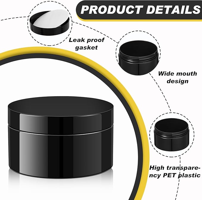 Uiifan 48 Pcs 8 oz Plastic Jars with Lids &labels, Empty Refillable Cosmetic Leak Proof Containers for Cream Body Butters Powder Ointment Lip Scrub(Black)