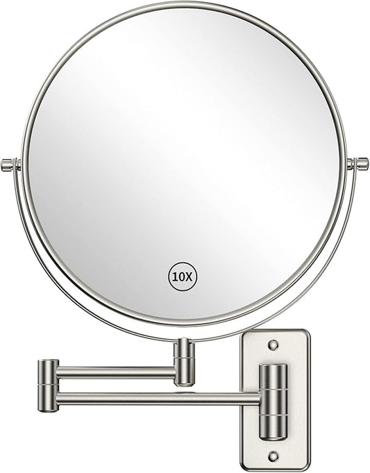 Benbilry 9" Large Size Wall Mounted Makeup Vanity Mirror, 1X/10X Magnifying Double Sided Shaving Mirror for Bathroom, 360° Swivel Extendable Arm, Nickel Finish