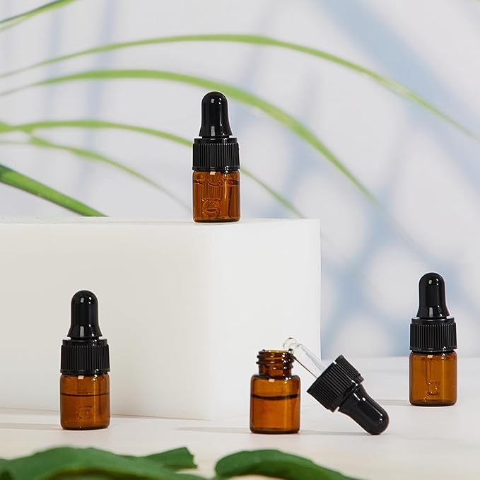 200 Pcs Mini Glass Oil Dropper Bottle Bulk, Clear Essential Small Empty Bottles Sample Containers Perfume Liquid Vials with Cap for Traveling (2 ml,Amber)
