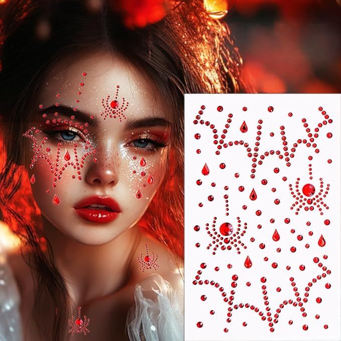 Face Jewels Stick on Face Costume Black Red Gems Self-Adhesive Makeup Halloween Dress Up Rhinestone Stickers for Festival Holiday Party Accessories (blackred_witch)