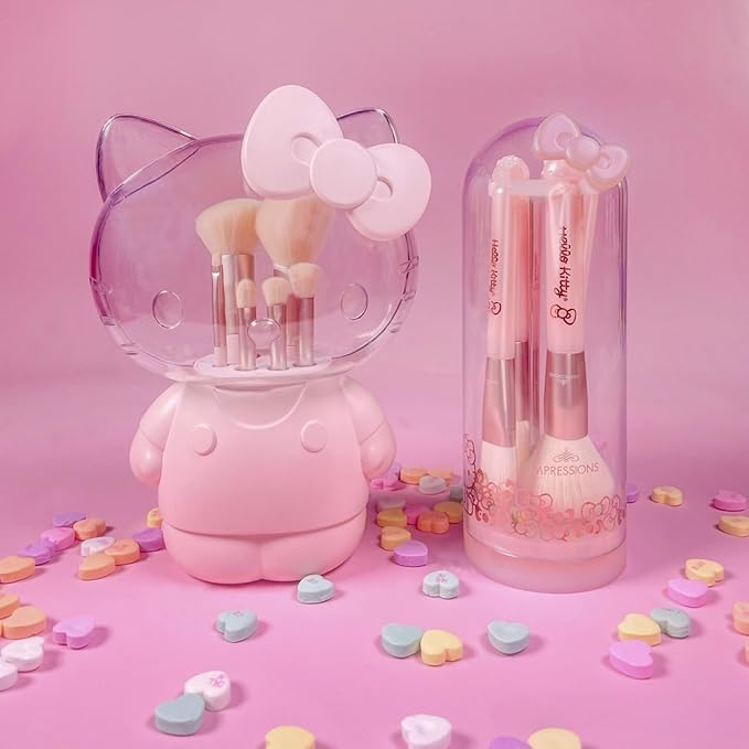 Impressions Vanity Hello Kitty 6 PCs Makeup Brush Set with Clear Cloche, Super Soft Brushes for Foundation, Face Powder, Blending, Eye Shadow, and Liner with Cute 3D Holder Organizer