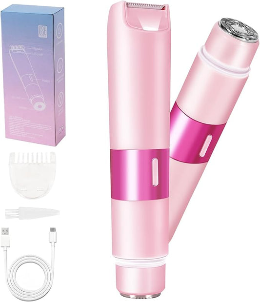 Bikini Trimmer for Women, 2 in 1 Electric Razor with LED Light, Body Facial Hair Remover, Type-C Charging, Wet/Dry Use for Smooth Skin
