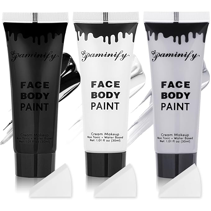 Black White Light Grey Face Body Paint 1.01 oz/pc with 3 Sponges,Water Based Face Paint Kit for Clown Joker Devil Vampire Skeleton Cosplay Makeup,Halloween SFX Makeup Cream Body Paint,3.03 oz