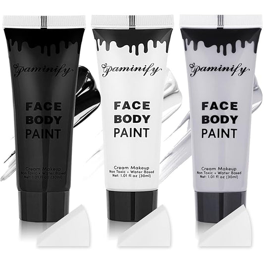 Black White Light Grey Face Body Paint 1.01 oz/pc with 3 Sponges,Water Based Face Paint Kit for Clown Joker Devil Vampire Skeleton Cosplay Makeup,Halloween SFX Makeup Cream Body Paint,3.03 oz
