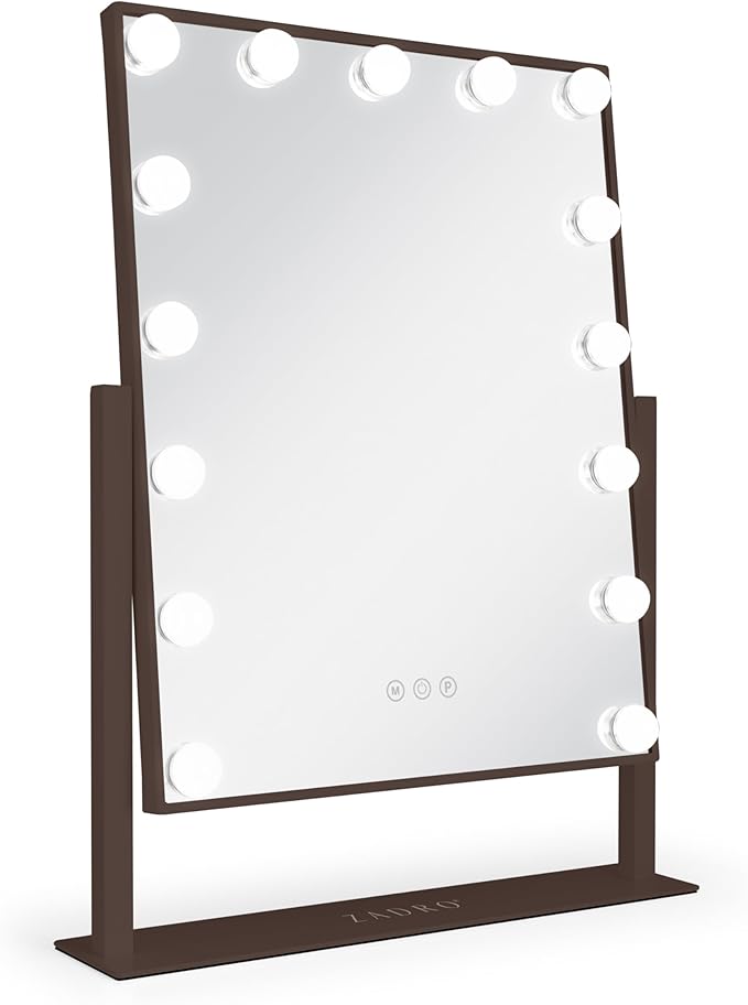 Zadro Hollywood Lighted Vanity Mirror with 15 LED Bulbs, 3 Color Light Settings, 360° Rotation Makeup Mirror Head (21" H x 18" W | 1X | Chocolate)