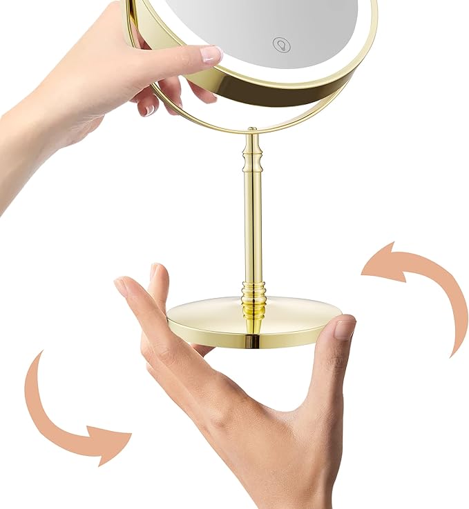 Gold Makeup Mirror with Light 1X/10X Free Standing 8 Inches 360 Swivel Dual-Sided Tabletop Makeup Mirror, Metal