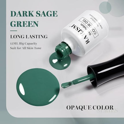 RARJSM Dark Sage Green Gel Nail Polish Creamy Muted Gray Green Gelpolish 15ML 1Pc Soak off Curing Required Nail Art French Manicure Salon DIY at Home Fall Winter