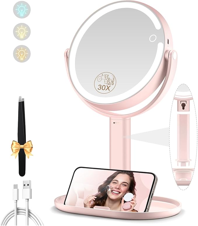 Makeup Mirror with Lights, Double Sided 1x/30x Magnifying Mirror with Light, Rechargeable 3 Color Lights and Adjustable Brightness, 360° Rotation Detachable Comes with Tweezer(Pink 30X)