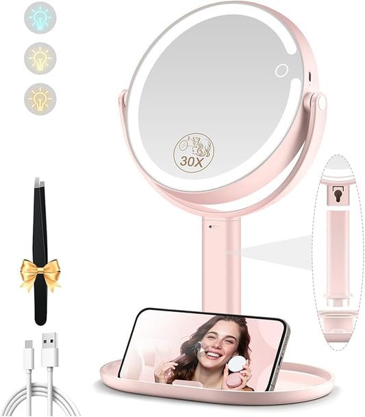 Makeup Mirror with Lights, Double Sided 1x/30x Magnifying Mirror with Light, Rechargeable 3 Color Lights and Adjustable Brightness, 360° Rotation Detachable Comes with Tweezer(Pink 30X)