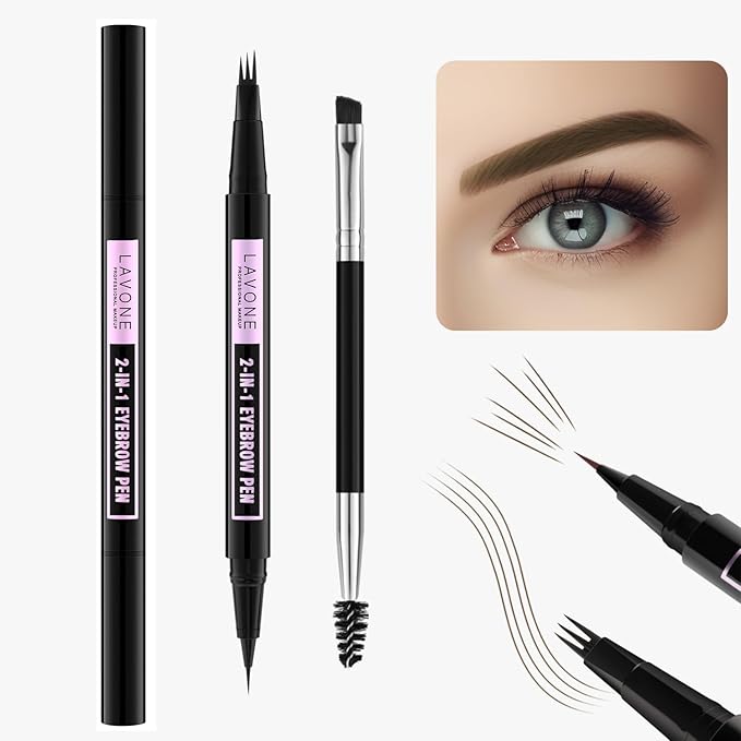 LAVONE Eyebrow Pencil, 2-In-1 Waterproof Eyebrow Pen, with 3 Tip Microblading Eyebrow Pen and Ultra-Precise Brow Pencil, Dual-ended Eyebrow Brush, for Eyebrow Makeup - Ash Brown
