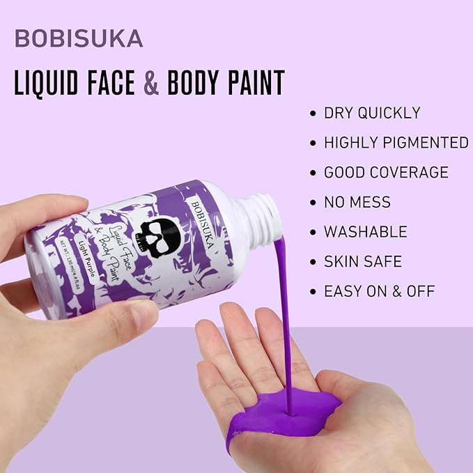 BOBISUKA Light Purple Face Body Paint Liquid Texture Washable Non Toxic Facepaint Fast Drying Foundation Makeup for Halloween Ursula Dabi Widowmaker Cosplay SFX Costume Party Large Capacity(130ml)