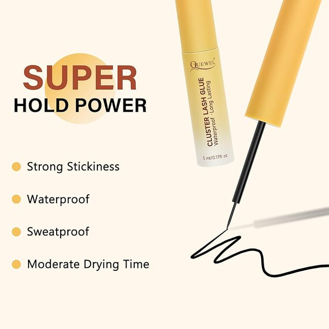 QUEWEL Lash Clusters Bond Eyelash Cluster Glue for DIY Lash Extensions, 5ML Cluster Lashes Glue Waterproof&Long Lasting, Super Strong Hold Eyelash Clusters Bond Suitable for All Day Wear (Black)