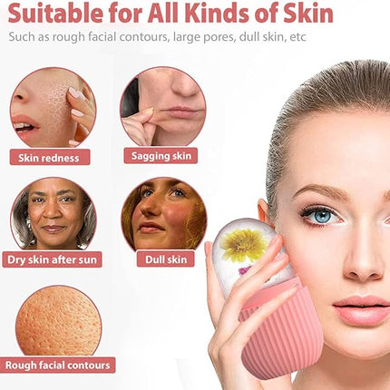 XHJRI Ice Cube Roller Massager for Face, Eyes and Neck Naturally Conditioning and Skin Care,De-Puff Eye Bags,Reduce Migraine Pain,Reusable Massage Silicone Ice Mold (Pink)