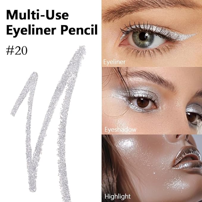 Kaely Gel Eyeliner Pencil for Women, Silver Eye Liner Waterproof Smudge Proof with Sharpener, Waterline Eye Makeup Liners, delineador de ojos contra el agua, Vegan & Cruelty-Free, 20