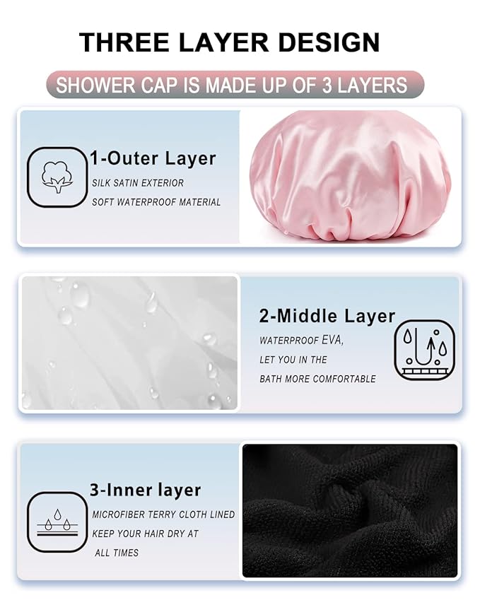 YIZIJIZI Terry Lined Shower Cap,Triple Layer Large Cap for Women,Shower Cap Reusable Waterproof,Long Thick Hair(Pink)