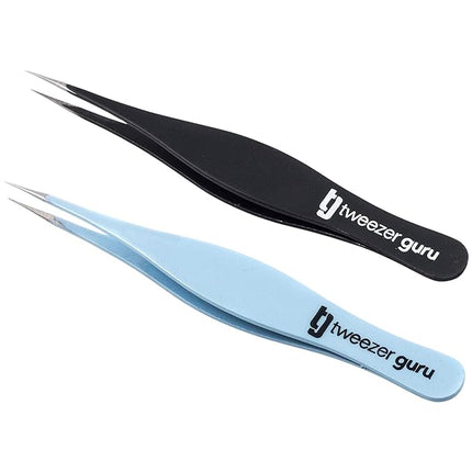 Tweezer Guru Ingrown Hair Tweezers - Pointed Precision Tweezers for Eyebrows & Ingrown Hair Removal - Blackhead and Splinter Tweezer with Sharp Needle Nose Point (Black + Sky Blue, 2 Piece Set)