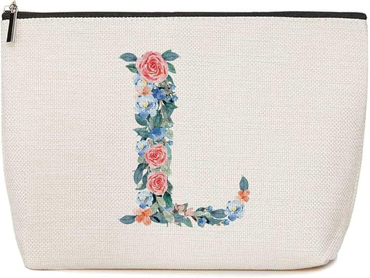 Initial Makeup Bag Monogrammed Travel Toiletry Bag Monogram Cosmetic Bag Birthday Christmas Bridal Shower Bridesmaid Gifts Personalized Gifts for Women Girl Bride Teacher Sister, Floral Letter L