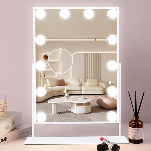 COOLJEEN Makeup Mirror Vanity Mirror with Lights - 12 Led Bulbs Lighted Hollywood Mirror, 10X Magnification,3 Color Modes, Touch Control, Women Gift (White)