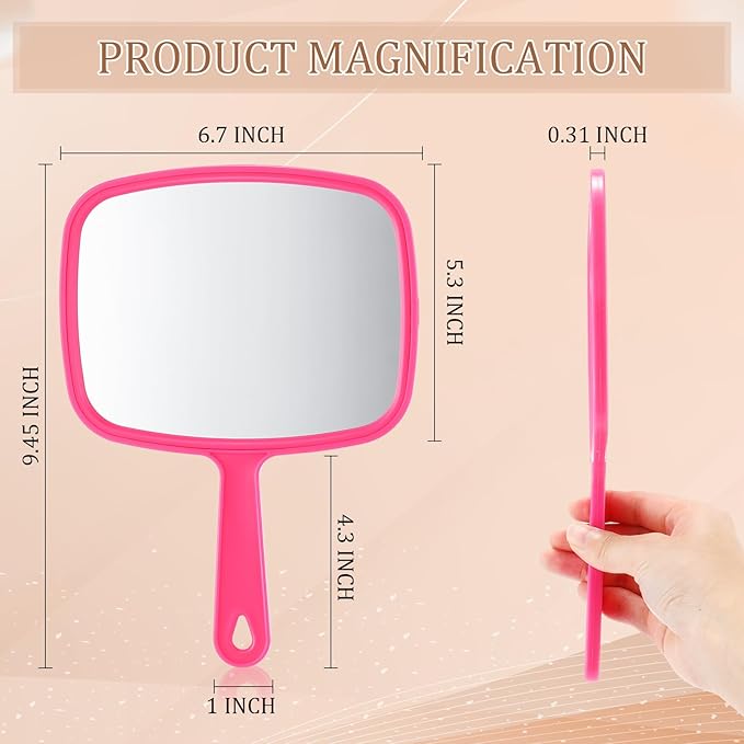 Geetery 12 Pcs Hand Held Mirrors with Handles Hand Makeup Mirrors Bulk Wall Mount for Women Cosmetic Bathroom Home Barber Salon Travel Portable Beauty School Gift, 6.69 x 9.45 Inch (Rose Red)