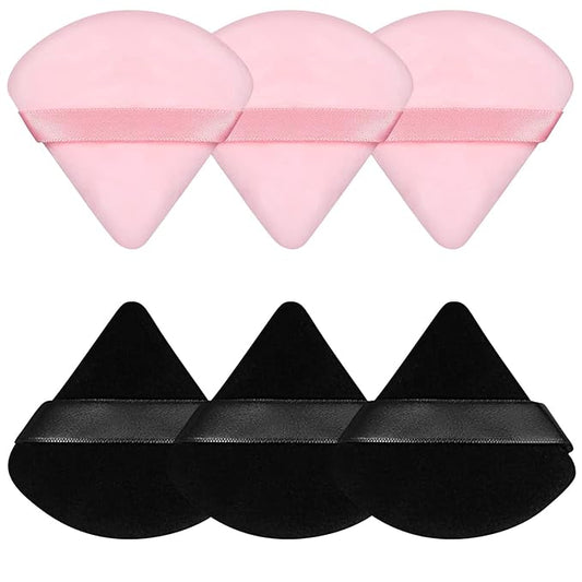 Pimoys 6 Pieces Powder Puff Face Makeup Sponge Soft Velour Triangle Powder Puffs Beauty Sponge Stocking Stuffers for Loose Powder (Black, Pink)