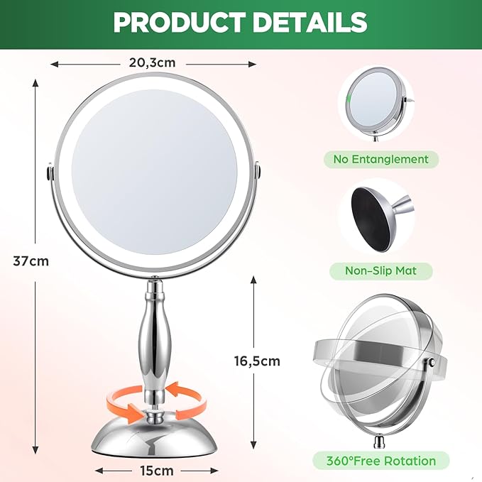 30x Magnifying Mirror, Lighted Makeup Mirror with 3 Colors Modes & Adjustable Brightness, 360° Rotation Double Side, Large Magnifying Vanity Mirror, Gifts for Women