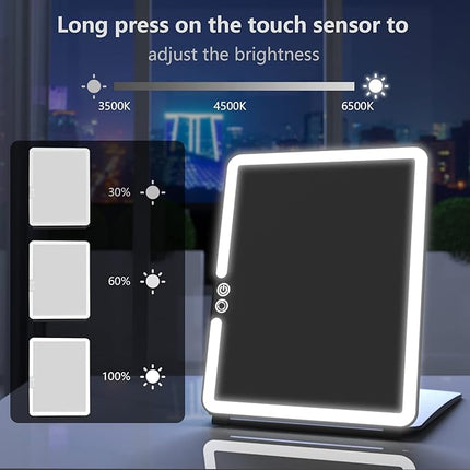 WEILY Portable Travel Mirror Makeup Mirror with 72 LED Lights, Touch Screen Three Colors Dimmable,Ultra Thin, 2000 mAh USB Rechargeable Foldable Cosmetic Mirror（Black）