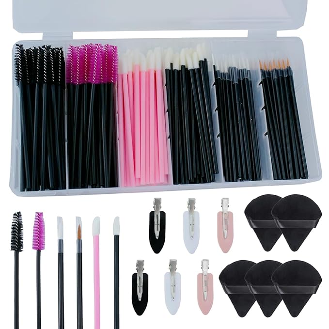 201pcs Disposable Makeup Applicators Kit with 80 Mascara wands 80 Disposable Lip Applicators 30 Eyelash liner Brushes 5 Triangle Makeup Puffs and 6 Bobby Pins for Makeup Artist Supplies