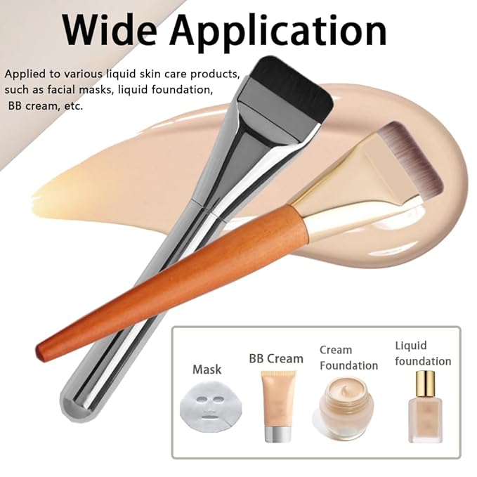 2 Count Flat Foundation Brush for Liquid makeup, Ultra Thin Face Makeup Flat Brush, Makeup Brush for Blending Mask Cream, Base Brush Tools（ Orange & Silver)