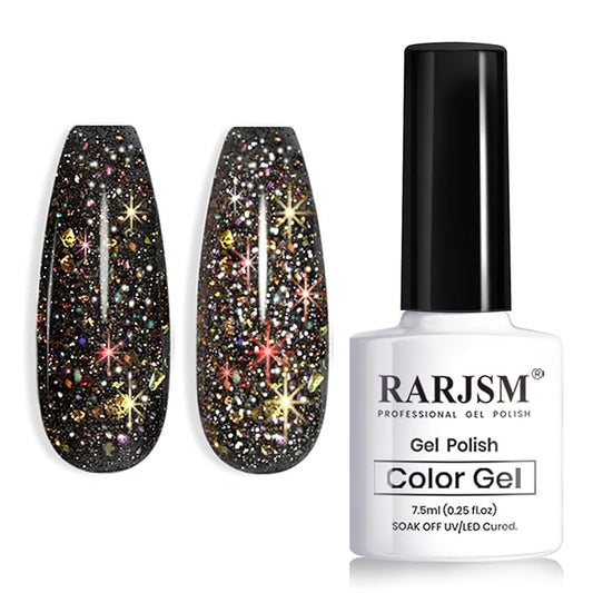 RARJSM Reflective Glitter Gel Polish Black Sequins Sparkling Glitter Iridescent Shimmer Gel Disco Glitters Sparkle Diamond Holographic Gel Soak off Nail Art Design Salon DIY at Home