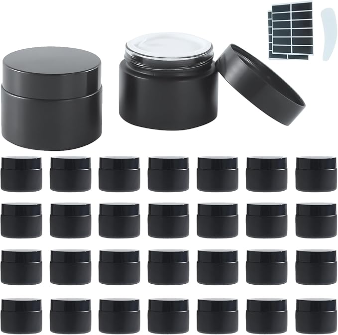2Oz Small Glass Jars with Lids, 30Pack Lotion Container, Cosmetic Containers, Little Travel Jars for Creams with Mini Spoon, Black Label (Matte Black)