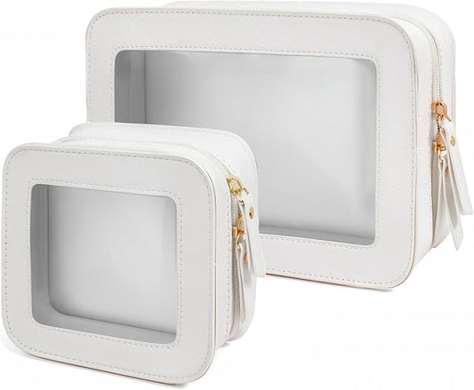2 Pcs Travel Clear Makeup Bag Set, Clear White Makeup Organizer with Zipper Leather Travel Bags for Toiletries Small Cosmetic Bags for Women Mini Make up Pouch Toiletry Bags Car Essentials